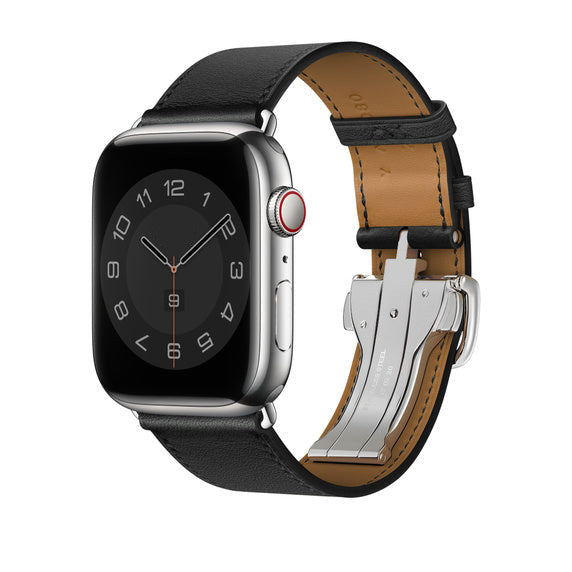 Compatible with Apple Watch 45mm Noir Swift Leather Single Tour Deployment Buckle